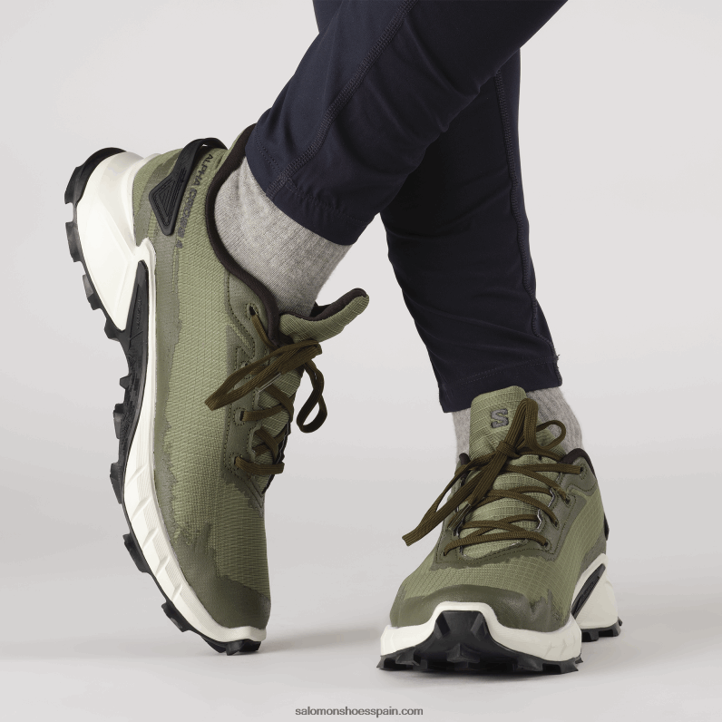 zapatillas de trail running para hombre - alphacross 4 gore-tex Salomon 00B0PZ1476 verde liquen profundo/hielo vainilla/noche oliva